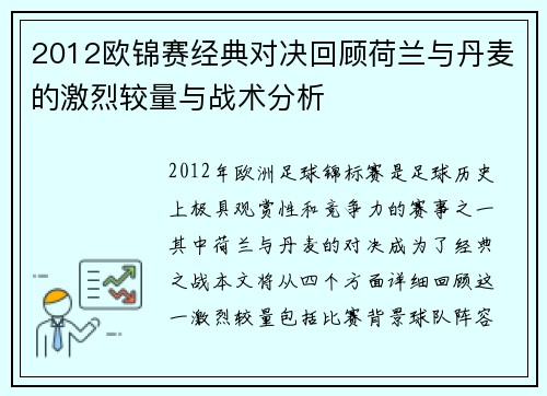2012欧锦赛经典对决回顾荷兰与丹麦的激烈较量与战术分析